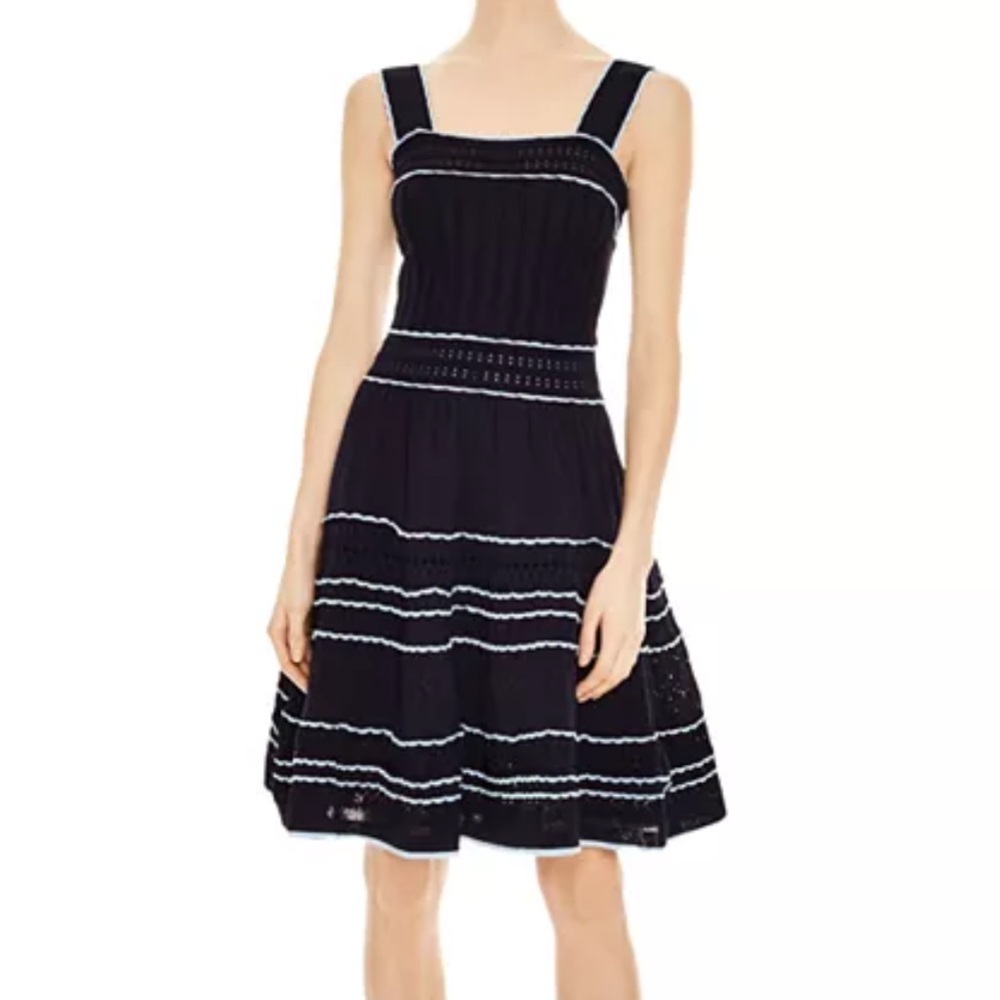 Sandro Honoré Trimmed Openwork A-Line Dress Navy Blue Knit Coastal Grandma